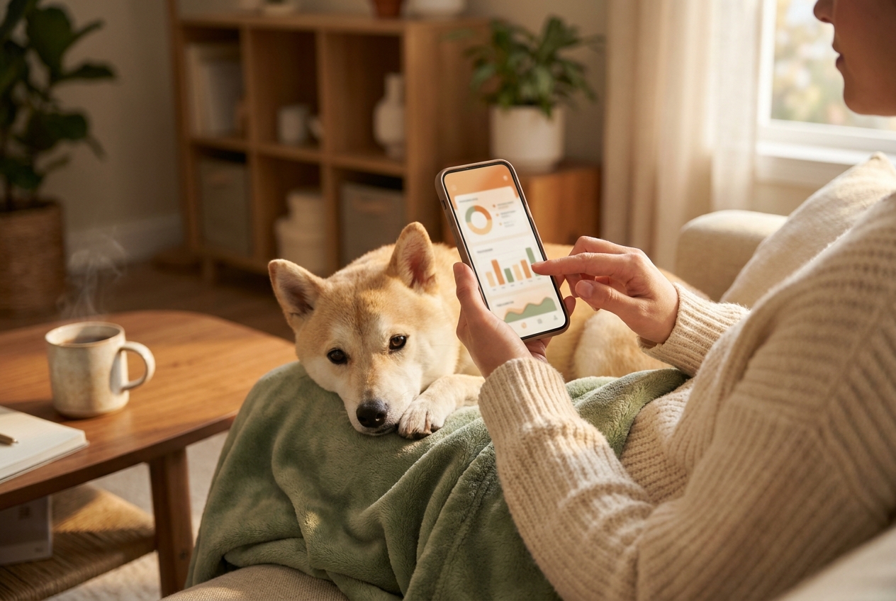 Pawrent mencatat data kesehatan anjing Shiba Inu lewat aplikasi di ponsel