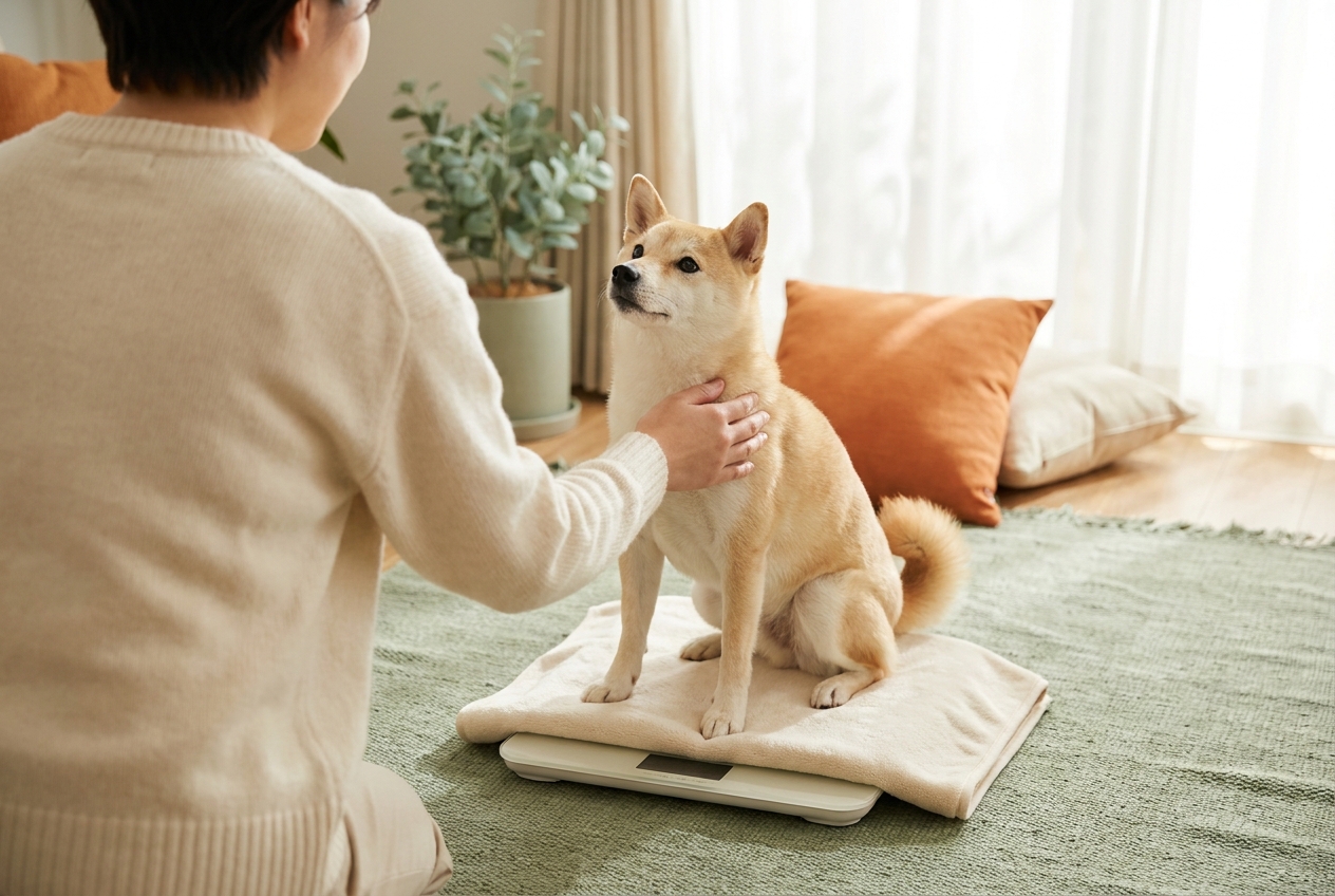 Pawrent menimbang dan memeriksa anjing Shiba Inu di rumah