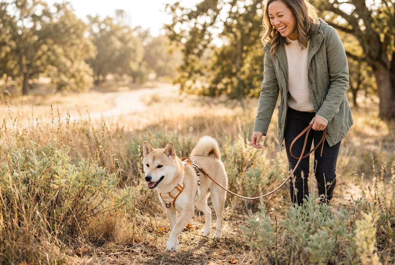 Anjing Shiba Inu yang sehat dan aktif berjalan bersama pawrent di luar ruangan