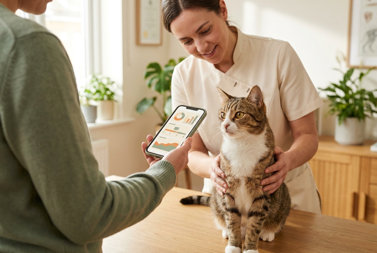 A pawrent showing a cat's health record to the vet via phone
