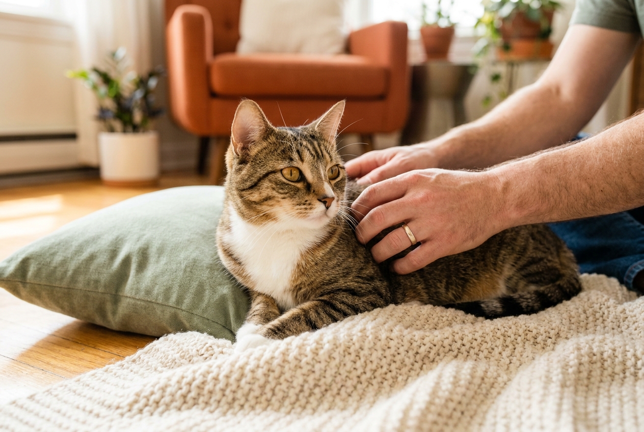 A pawrent gently checking a cat's body condition at home