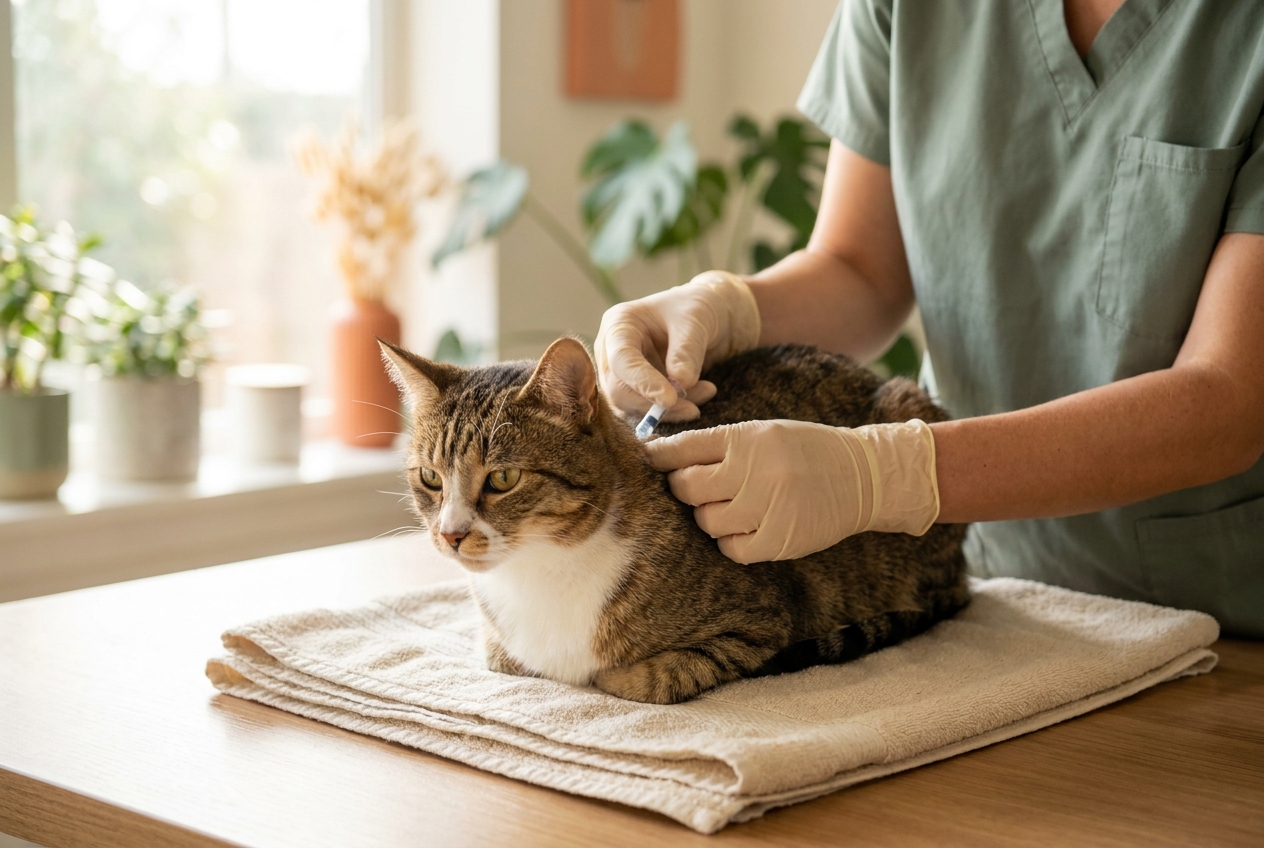 Dokter hewan memberikan vaksin pada kucing yang tenang di atas meja periksa